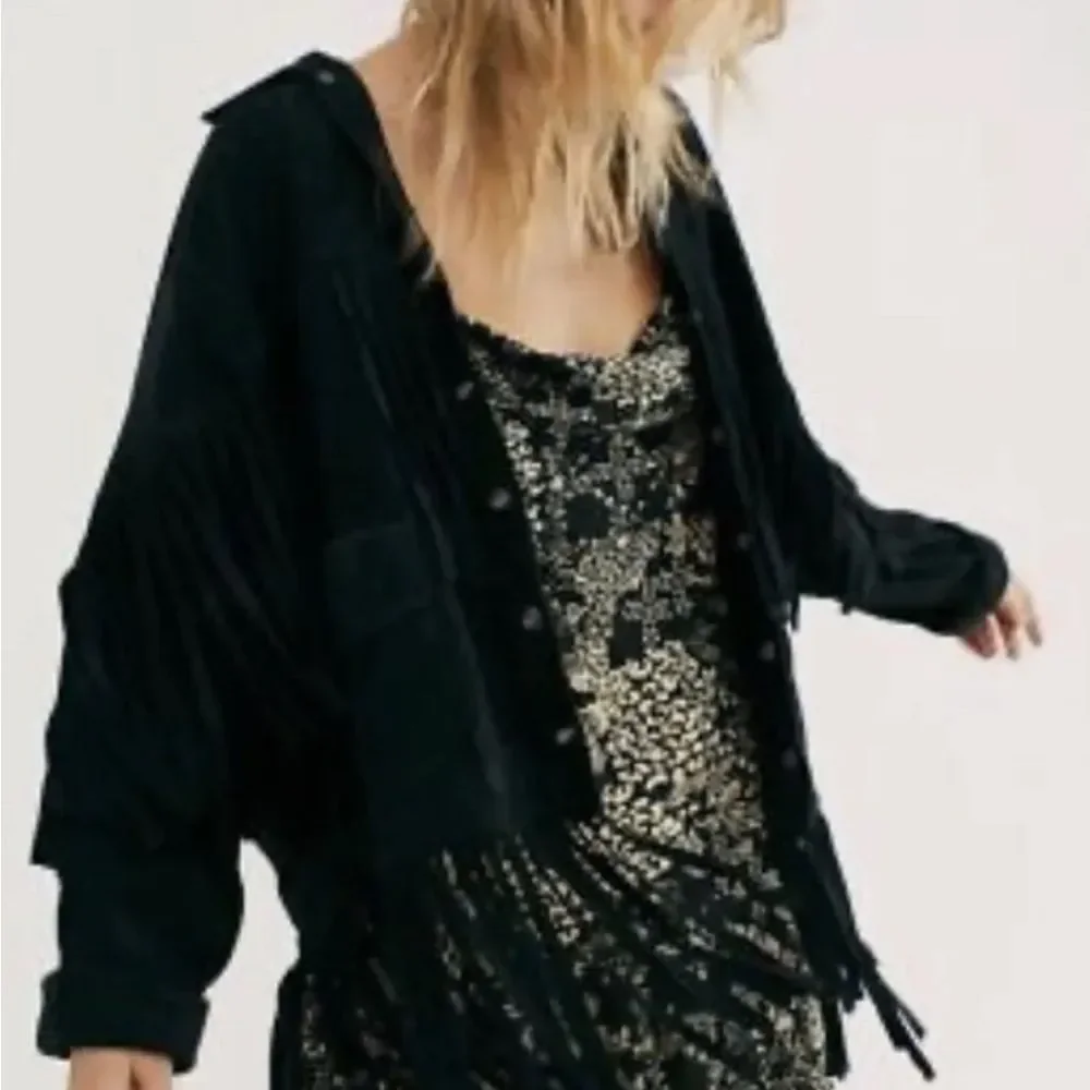 Free People The Lucky Ones Suede Jacket Fringed Studded Snap Front Black - Picture 2 of 7